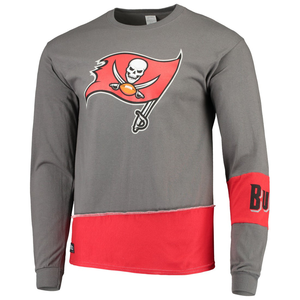 Tampa Bay Buccaneers Refried Apparel Sustainable Upcycled Angle Long Sleeve T-Shirt - Pewter/Red T-shirts