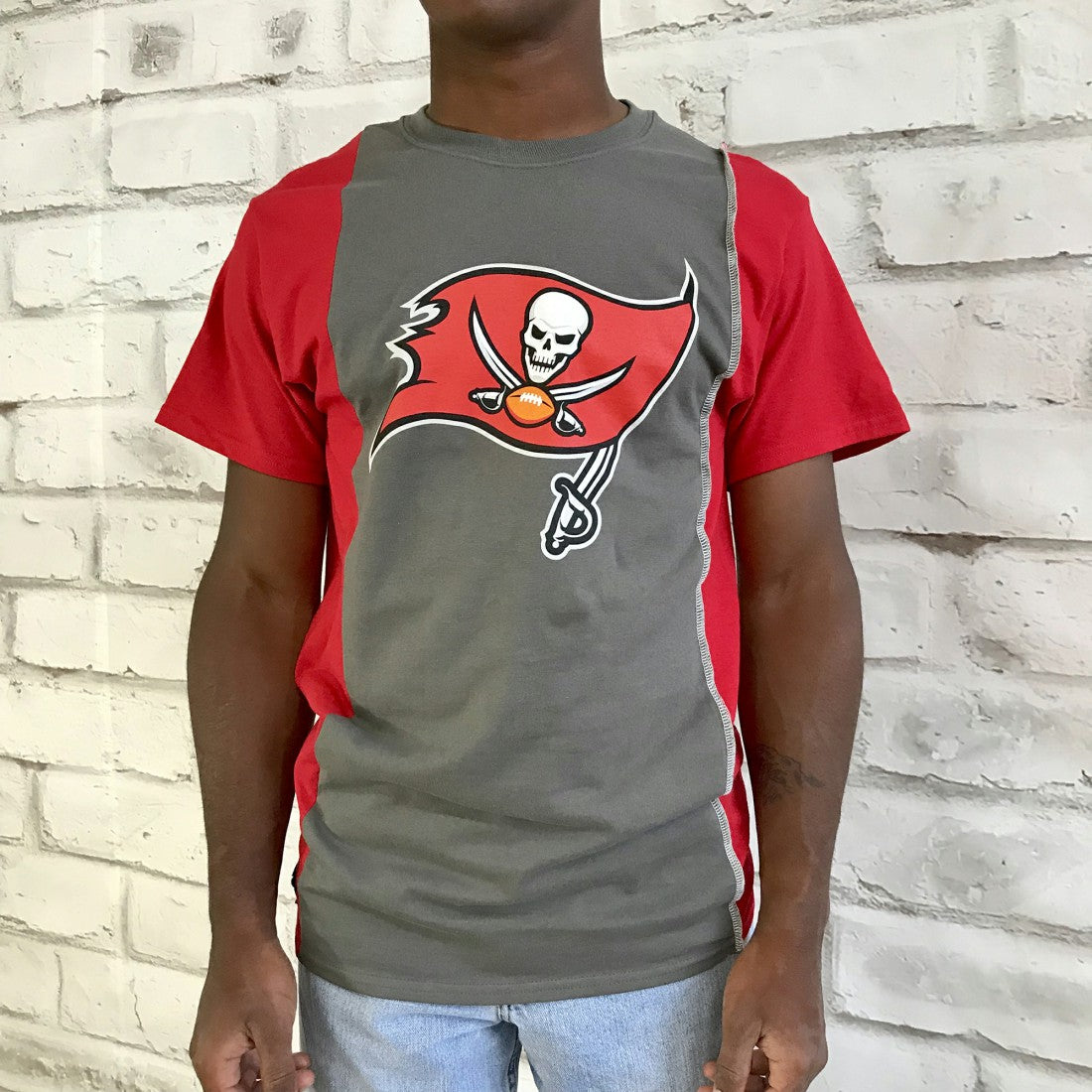 Tampa Bay Buccaneers Refried Apparel Sustainable Upcycled Split T-Shirt - Pewter/Red T-shirts