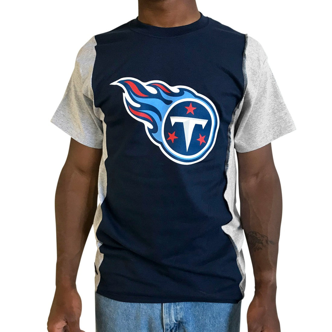 Tennessee Titans Refried Apparel Sustainable Upcycled Split T-Shirt - Navy/Gray T-shirts
