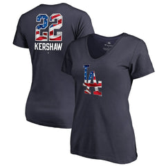 Clayton Kershaw Los Angeles Dodgers Women's Banner Wave Name & Number V-Neck T-Shirt - Navy T-shirts