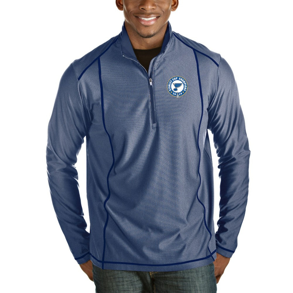 St. Louis Blues Antigua 2019 Stanley Cup Champions Tempo Quarter-Zip Pullover Jacket - Royal/Heather Gray | US 3638330