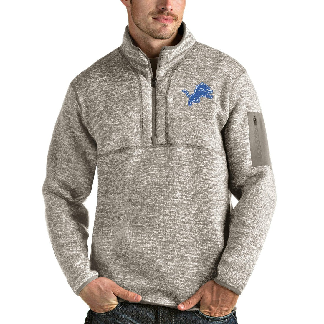 Detroit Lions Antigua Fortune Quarter-Zip Pullover Jacket - Oatmeal Pullover