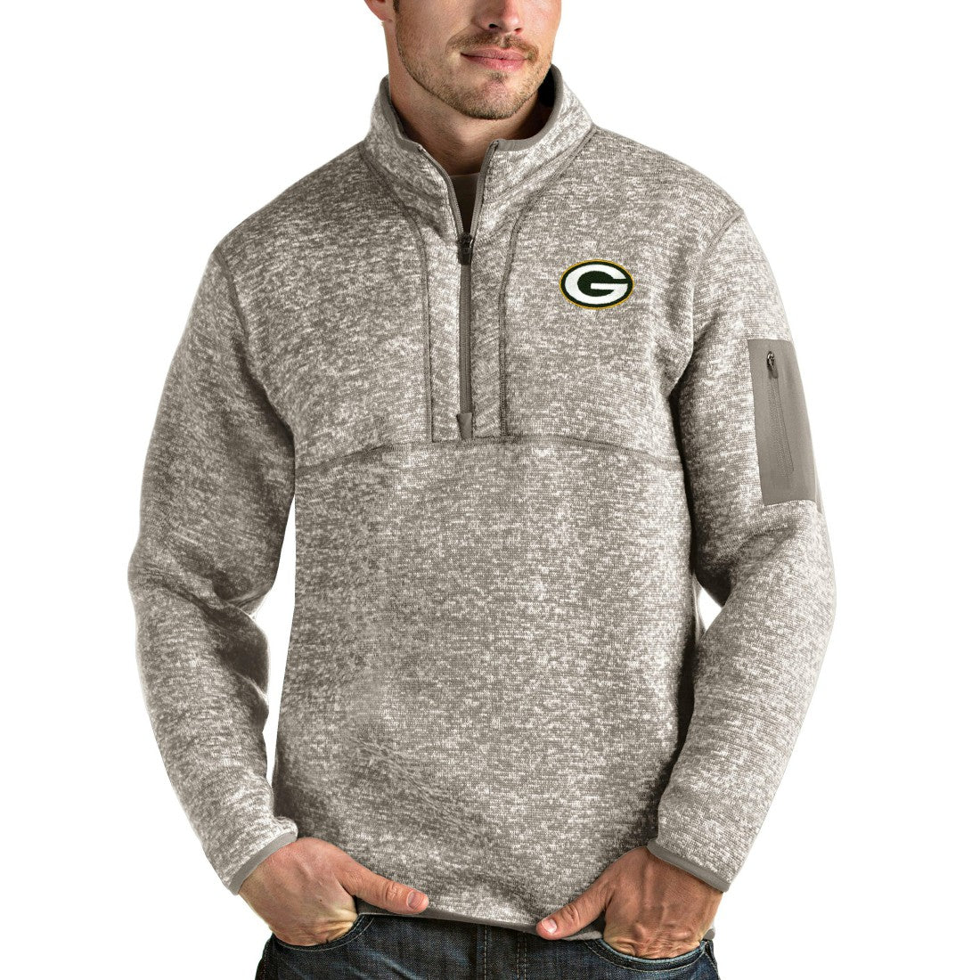 Green Bay Packers Antigua Fortune Quarter-Zip Pullover Jacket - Oatmeal Pullover