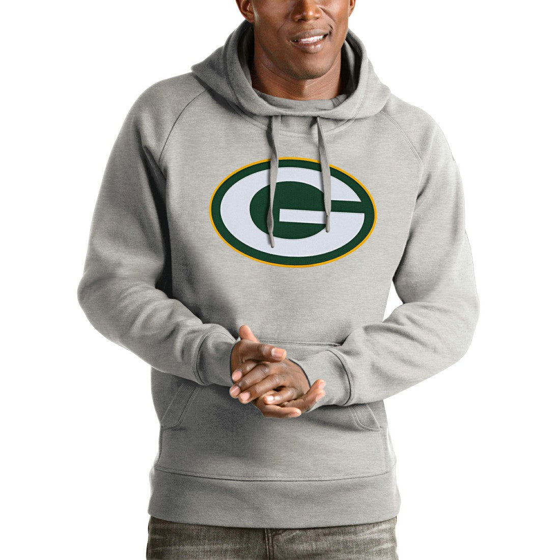 Green Bay Packers Antigua Victory Pullover Hoodie - Heather Gray Hoodies