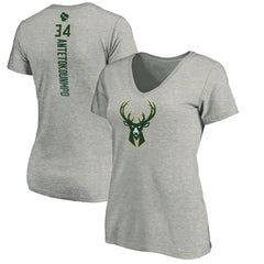 Giannis Antetokounmpo Milwaukee Bucks Women's Playmaker Name & Number V-Neck T-Shirt Heathered Gray