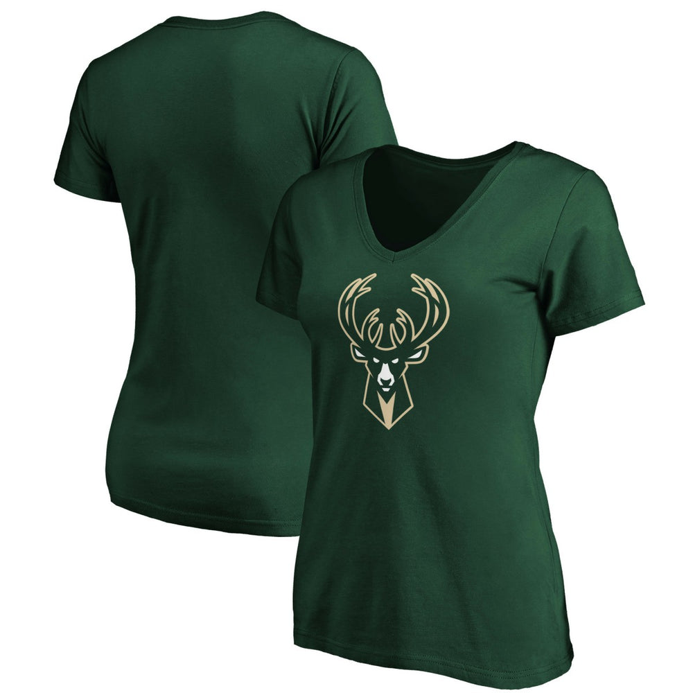 Milwaukee Bucks Women's Primary Logo Team V-Neck T-Shirt Hunter Green - Fanatics