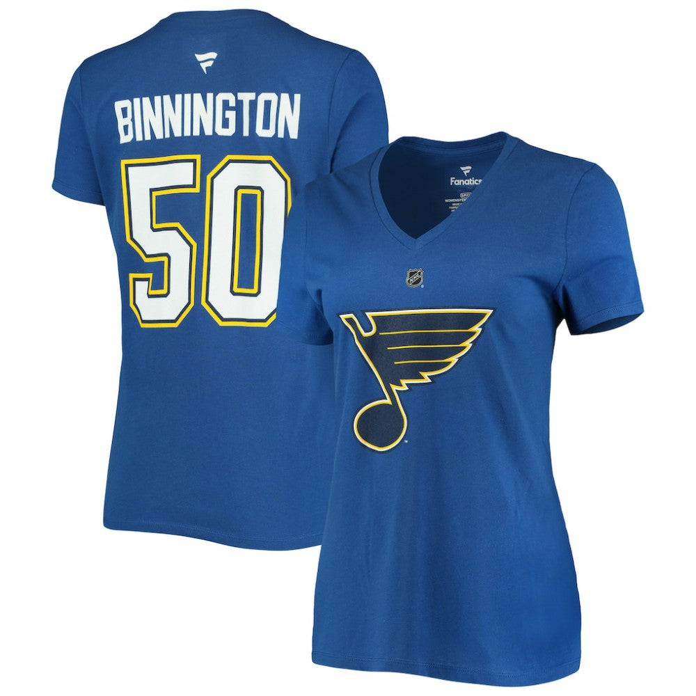 Jordan Binnington St. Louis Blues Fanatics Women's Authentic Stack Name & Number V-Neck T-Shirt - Blue | US 3706641