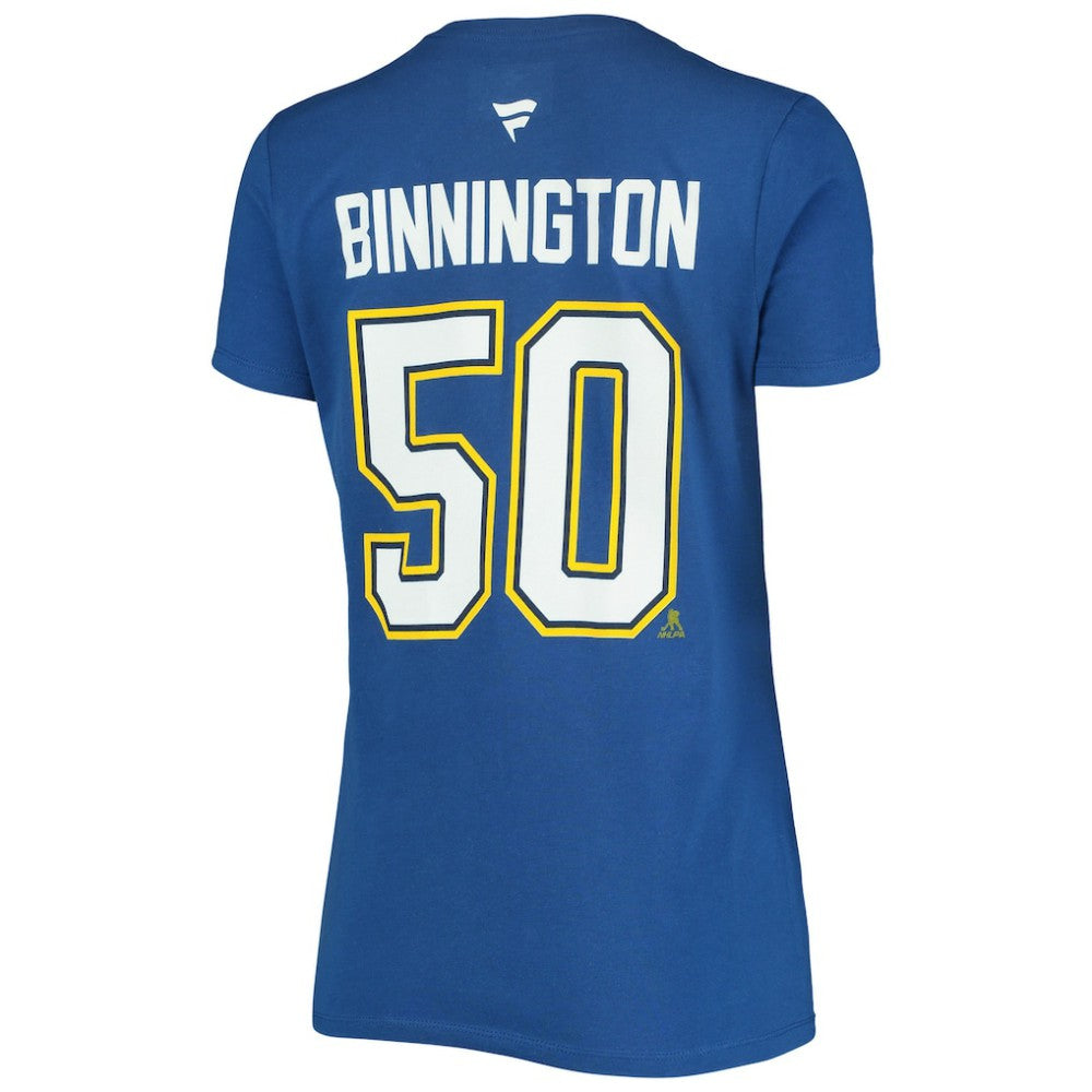 Jordan Binnington St. Louis Blues Fanatics Women's Authentic Stack Name & Number V-Neck T-Shirt - Blue | US 3706641