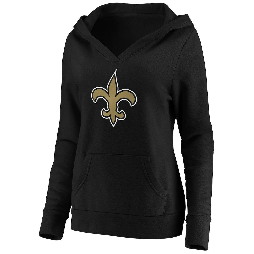 New Orleans Saints Women's Primary Team Logo V-Neck Pullover Hoodie - Black Hoodies