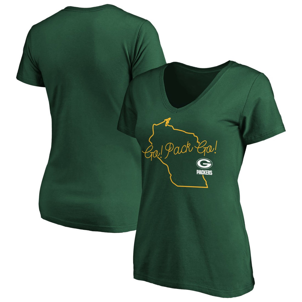 Green Bay Packers Women's Team Iconic Script State V-Neck T-Shirt - Green T-shirts