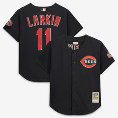 Barry Larkin Cincinnati Reds Mitchell & Ness Cooperstown Collection Mesh Batting Practice Button-Up Jersey - Black Jerseys