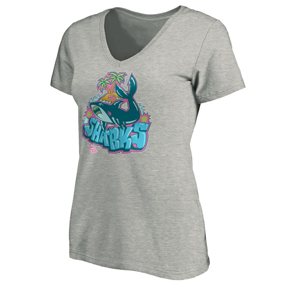 San Jose Sharks Women's Graffiti Shark V-Neck T-Shirt - Heather Gray | US 3800093