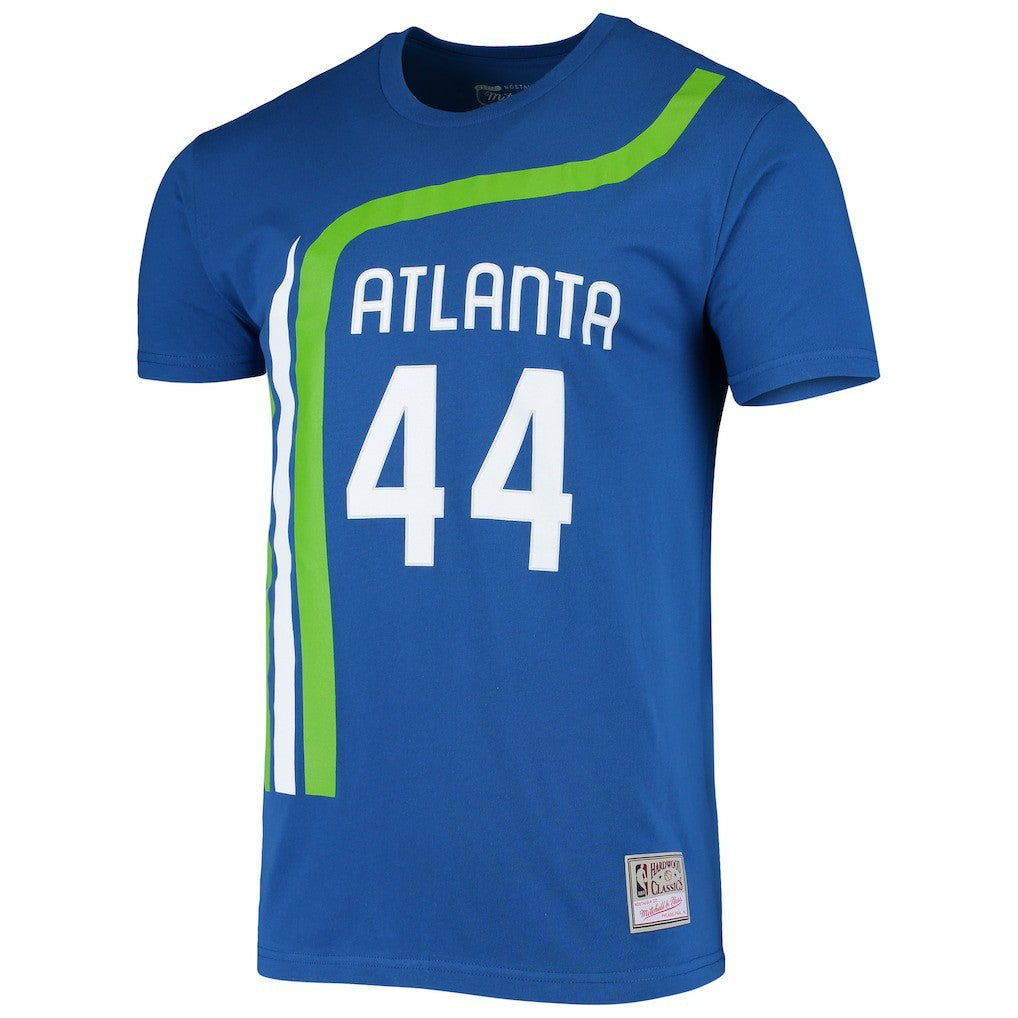 Pete Maravich Atlanta Hawks Hardwood Classics Stitch Name & Number T-Shirt Blue - Mitchell & Ness