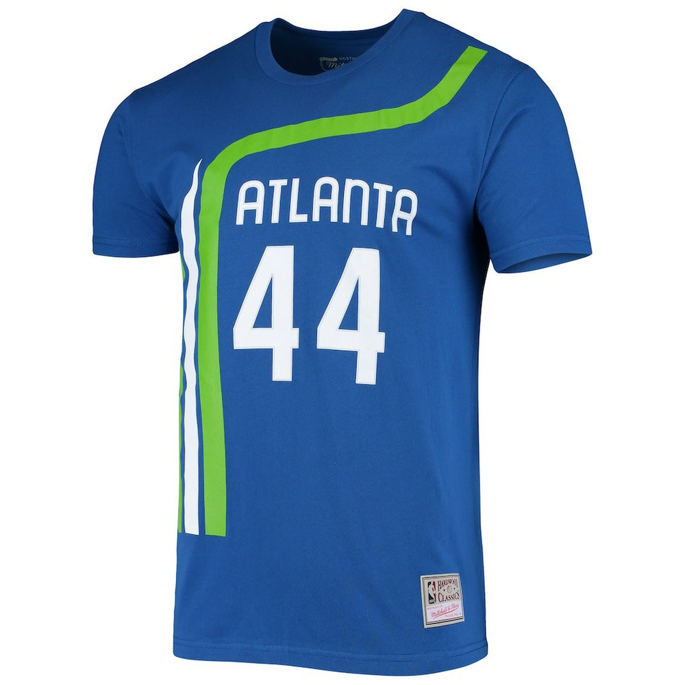 Pete Maravich Atlanta Hawks Hardwood Classics Stitch Name & Number T-Shirt Blue - Mitchell & Ness