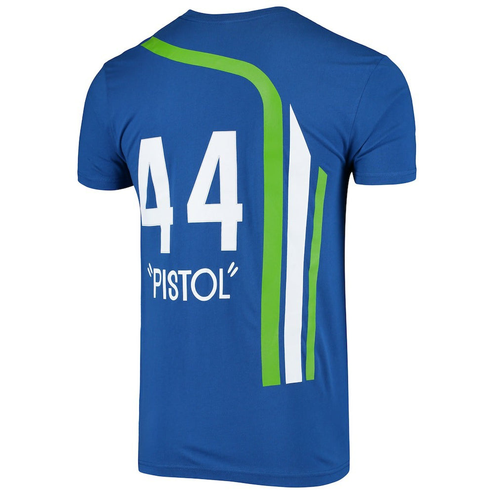 Pete Maravich Atlanta Hawks Hardwood Classics Stitch Name & Number T-Shirt Blue - Mitchell & Ness