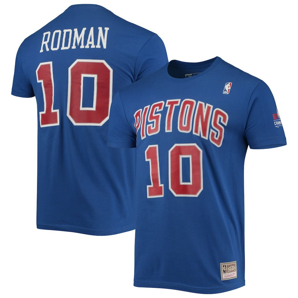 Dennis Rodman Detroit Pistons Hardwood Classics Stitch Name & Number T-Shirt Blue - Mitchell & Ness