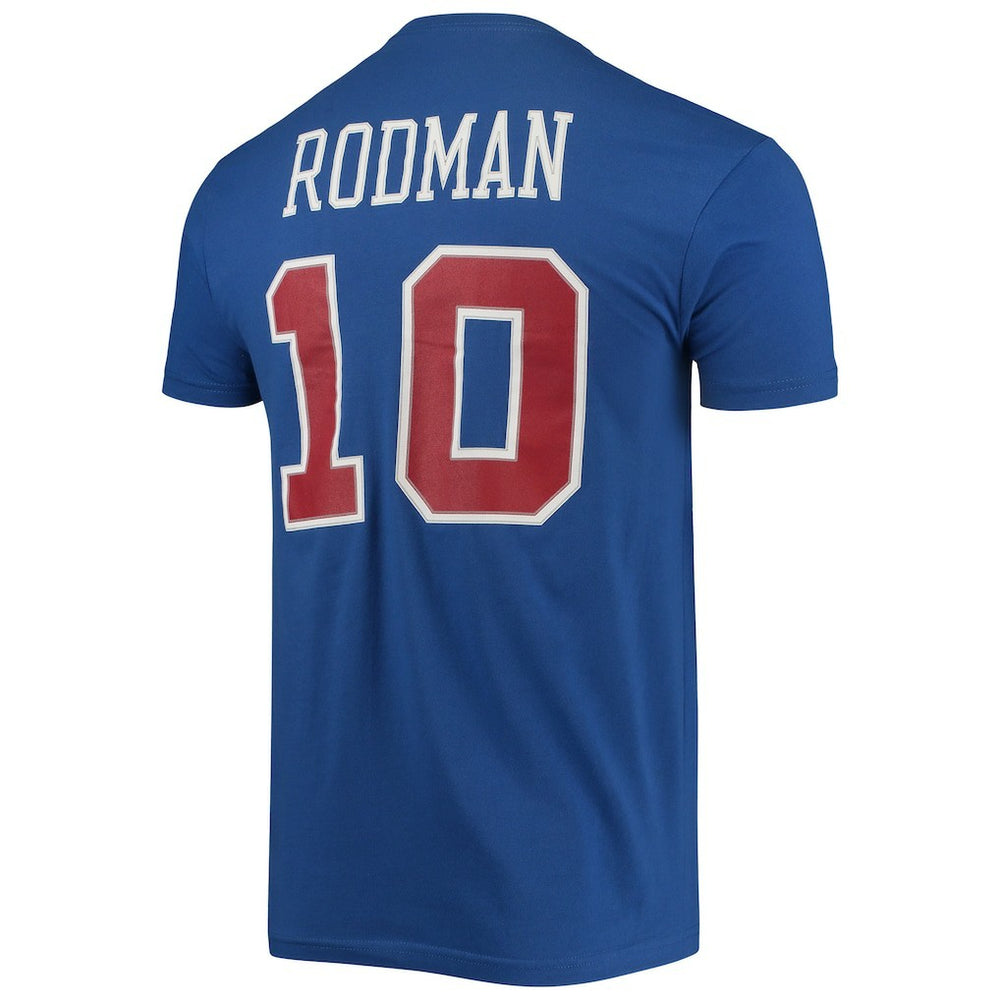 Dennis Rodman Detroit Pistons Hardwood Classics Stitch Name & Number T-Shirt Blue - Mitchell & Ness