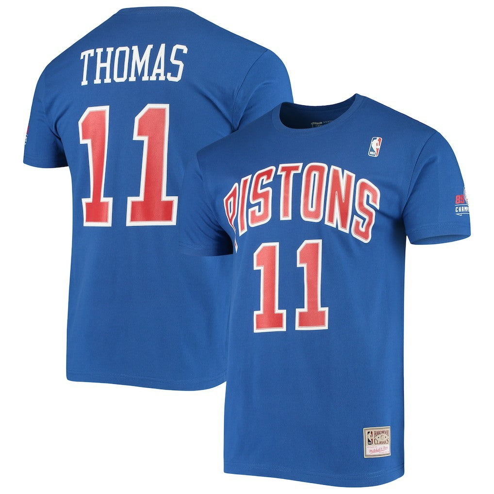 Isiah Thomas Detroit Pistons Hardwood Classics Stitch Name & Number T-Shirt Blue - Mitchell & Ness