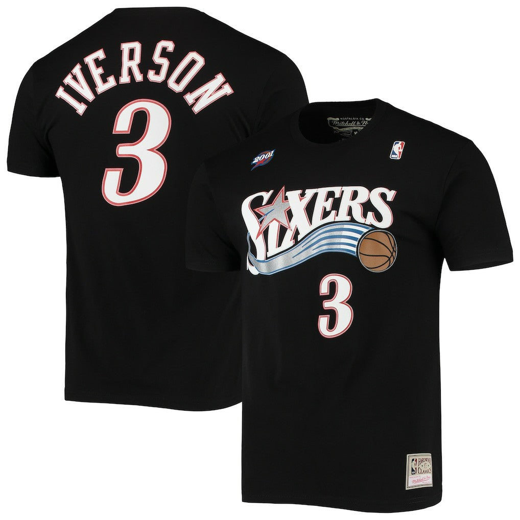 Allen Iverson Philadelphia 76ers Hardwood Classics Stitch Name & Number T-Shirt Black - Mitchell & Ness