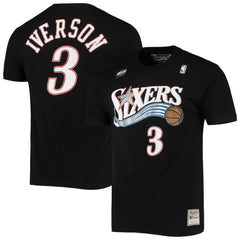 Allen Iverson Philadelphia 76ers Hardwood Classics Stitch Name & Number T-Shirt Black - Mitchell & Ness