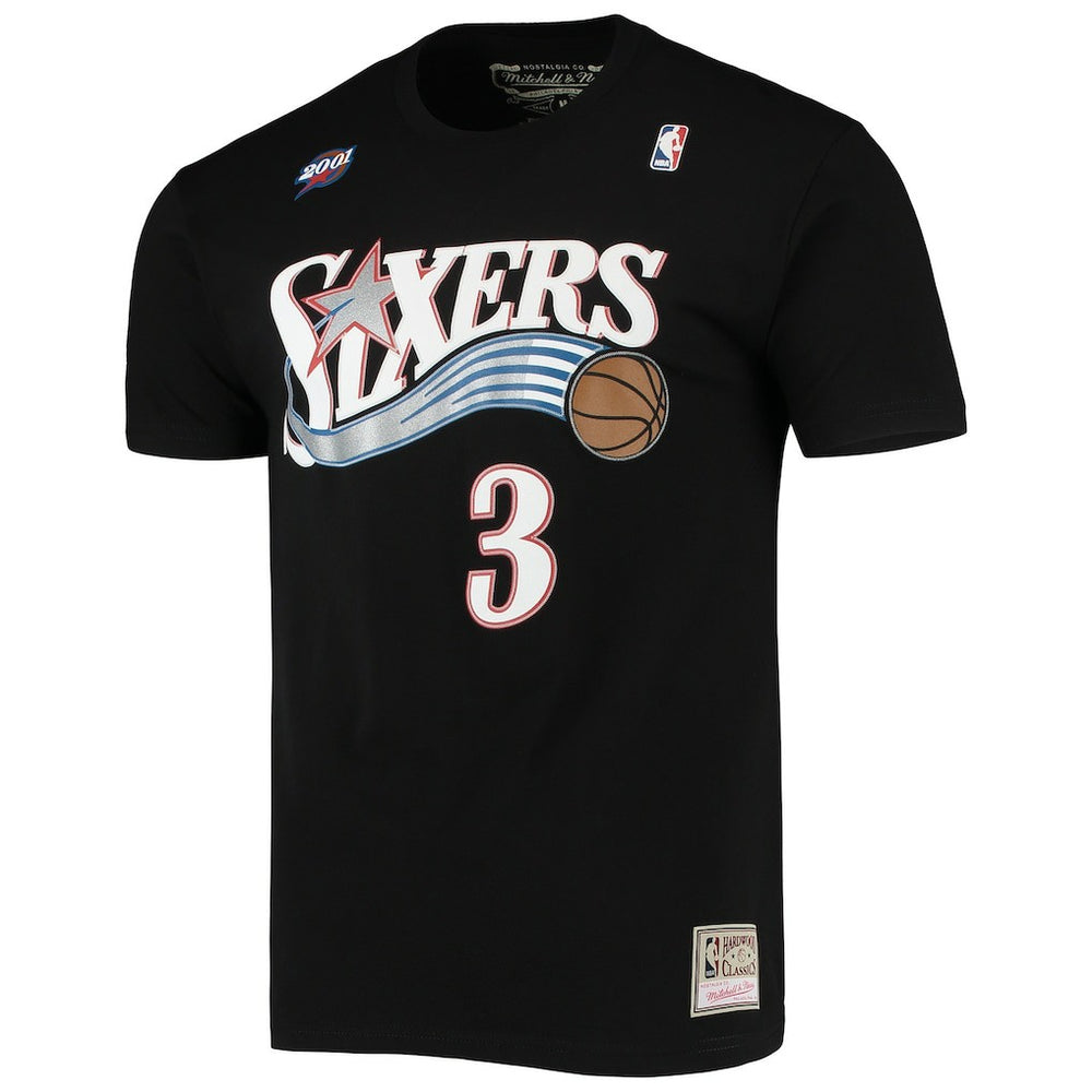 Allen Iverson Philadelphia 76ers Hardwood Classics Stitch Name & Number T-Shirt Black - Mitchell & Ness