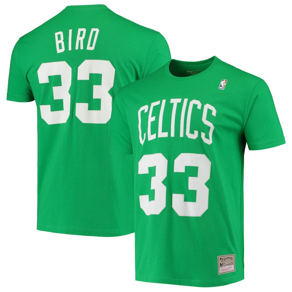 Larry Bird Boston Celtics Hardwood Classics Stitch Name & Number T-Shirt Kelly Green - Mitchell & Ness