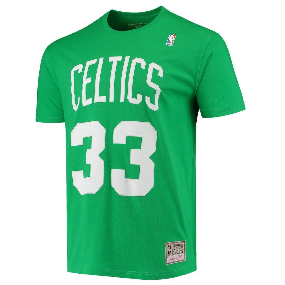 Larry Bird Boston Celtics Hardwood Classics Stitch Name & Number T-Shirt Kelly Green - Mitchell & Ness