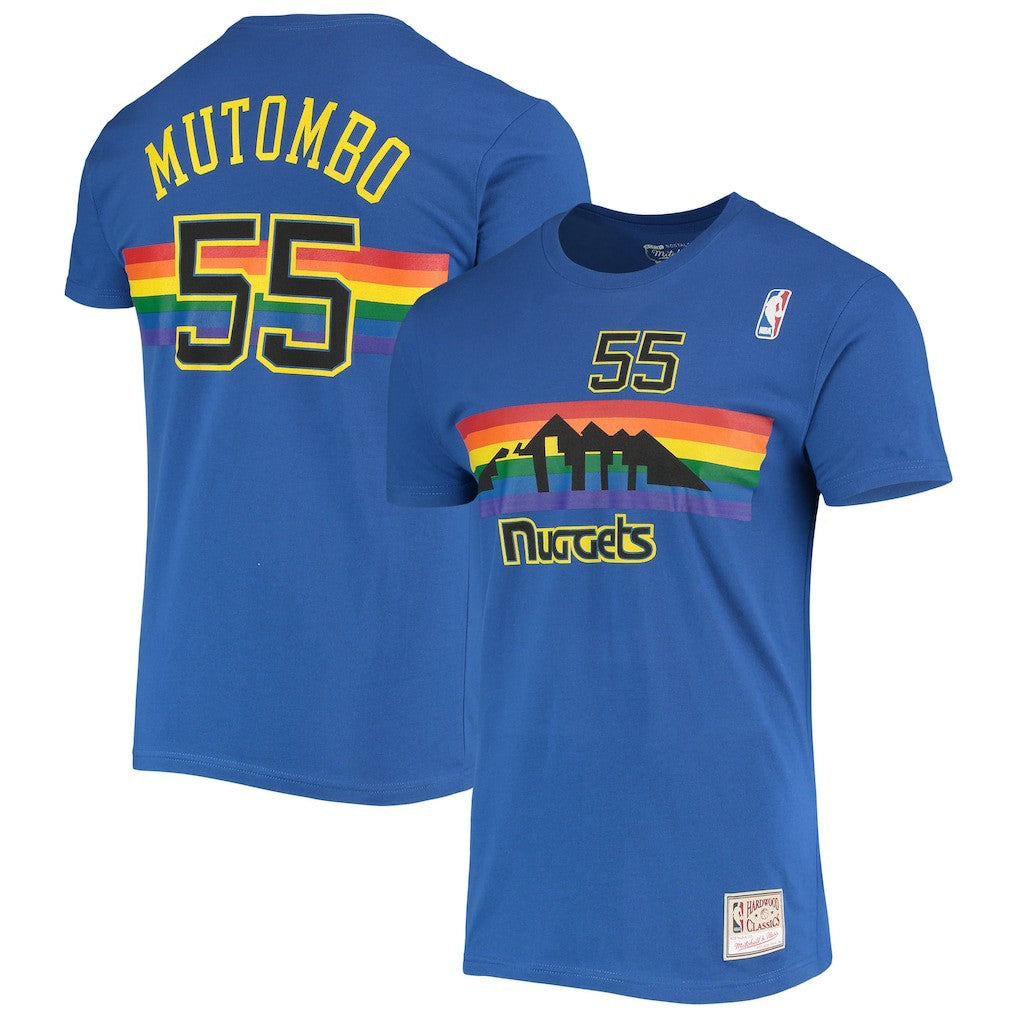 Dikembe Mutombo Denver Nuggets Hardwood Classics Stitch Name & Number T-Shirt Royal - Mitchell & Ness