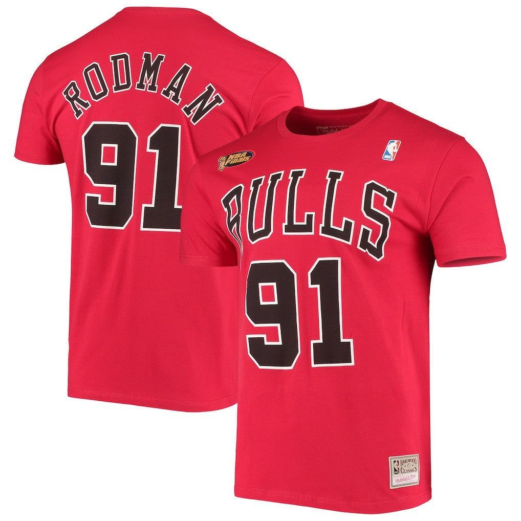 Dennis Rodman Chicago Bulls Hardwood Classics Stitch Name & Number T-Shirt Red - Mitchell & Ness