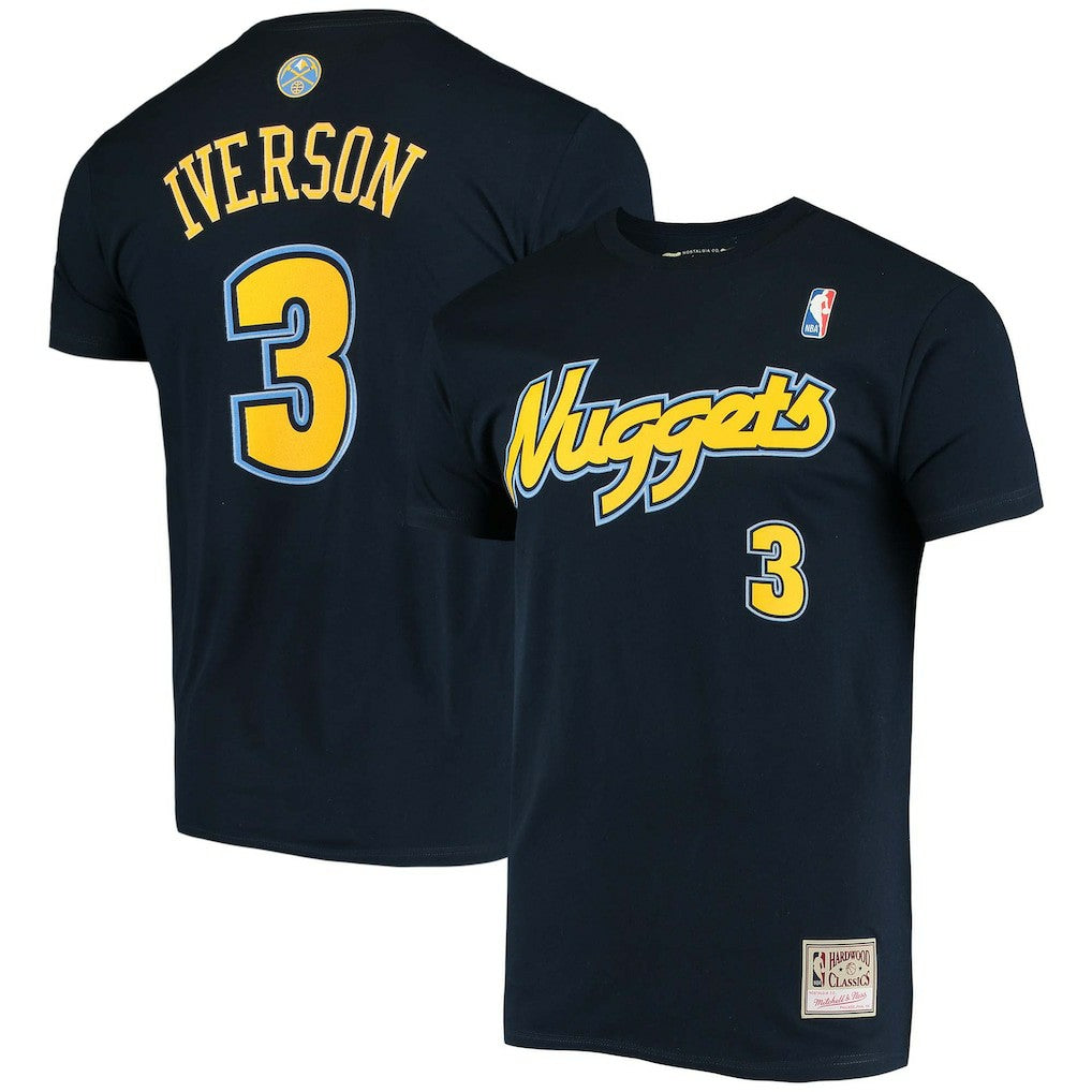 Allen Iverson Denver Nuggets Hardwood Classics Stitch Name & Number T-Shirt Navy - Mitchell & Ness