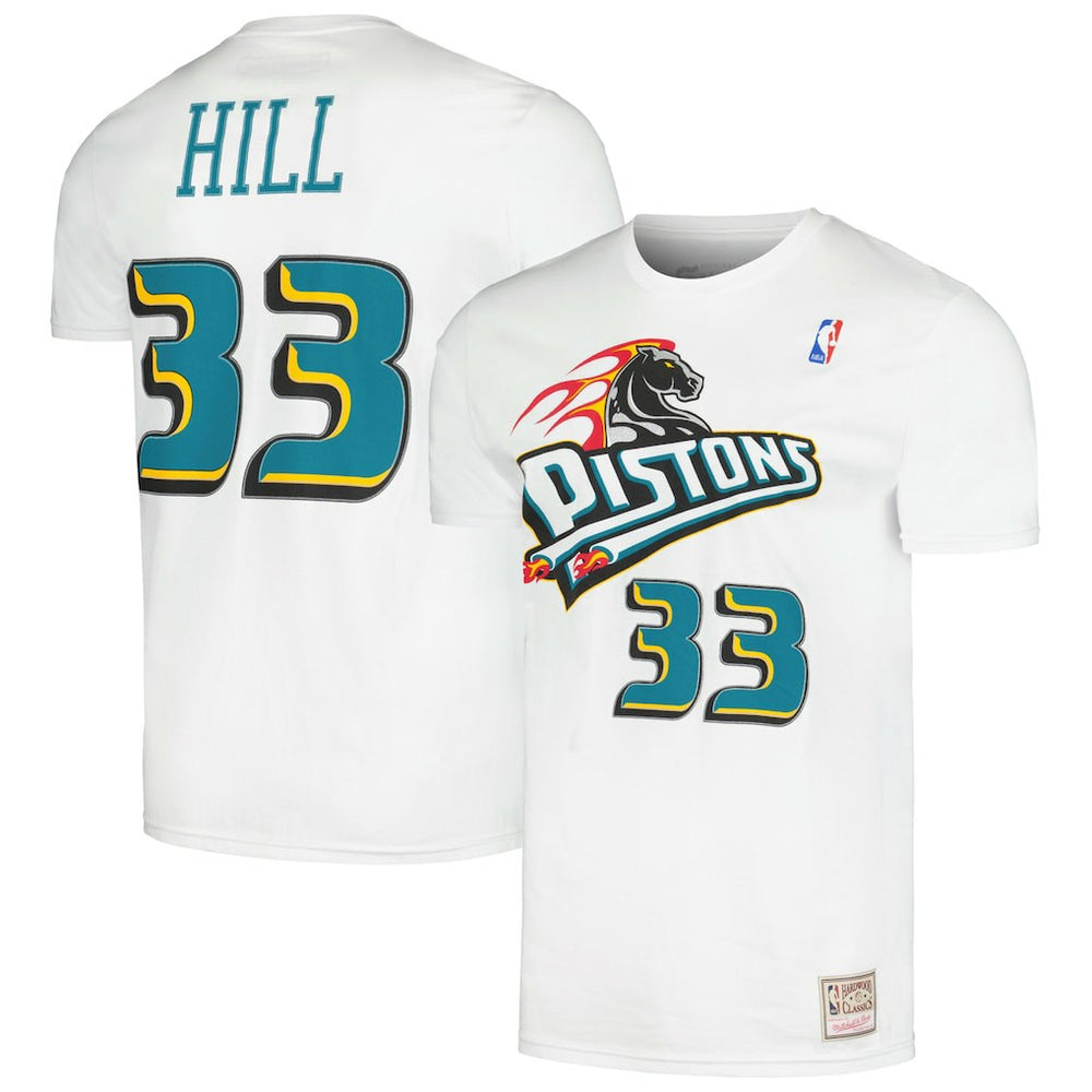 Grant Hill Detroit Pistons Hardwood Classics Stitch Name & Number T-Shirt White - Mitchell & Ness