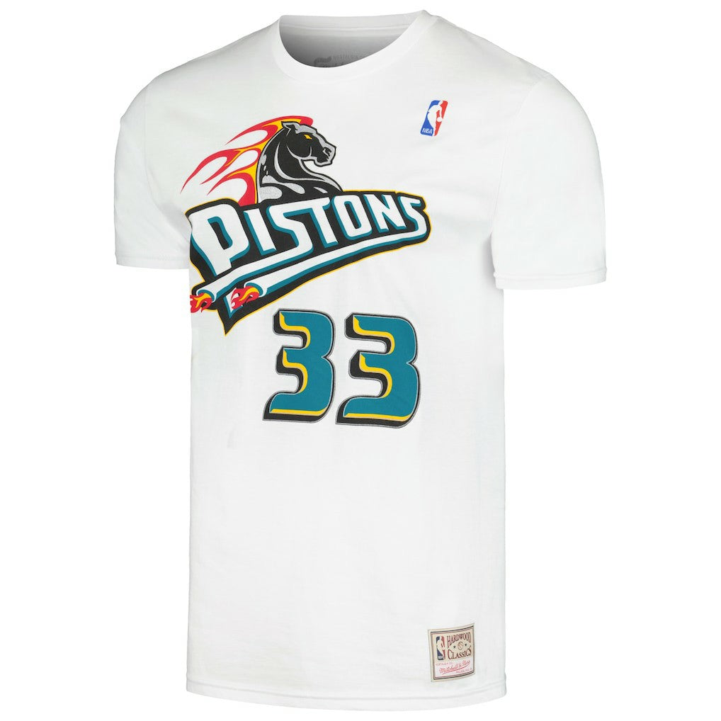 Grant Hill Detroit Pistons Hardwood Classics Stitch Name & Number T-Shirt White - Mitchell & Ness