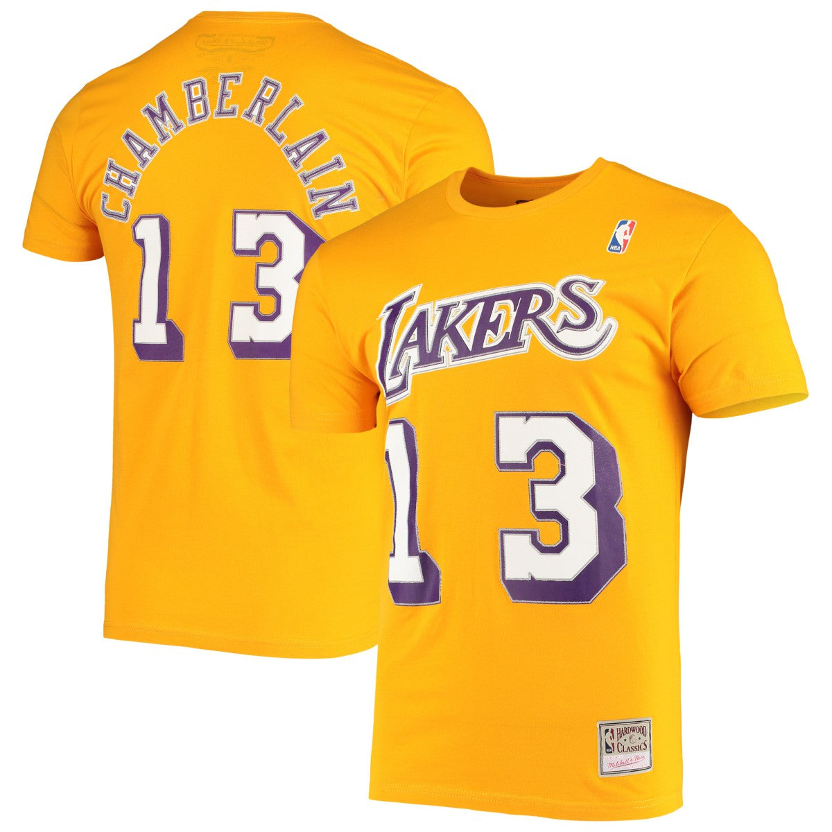 Wilt Chamberlain Los Angeles Lakers Hardwood Classics Stitch Name & Number T-Shirt Gold - Mitchell & Ness