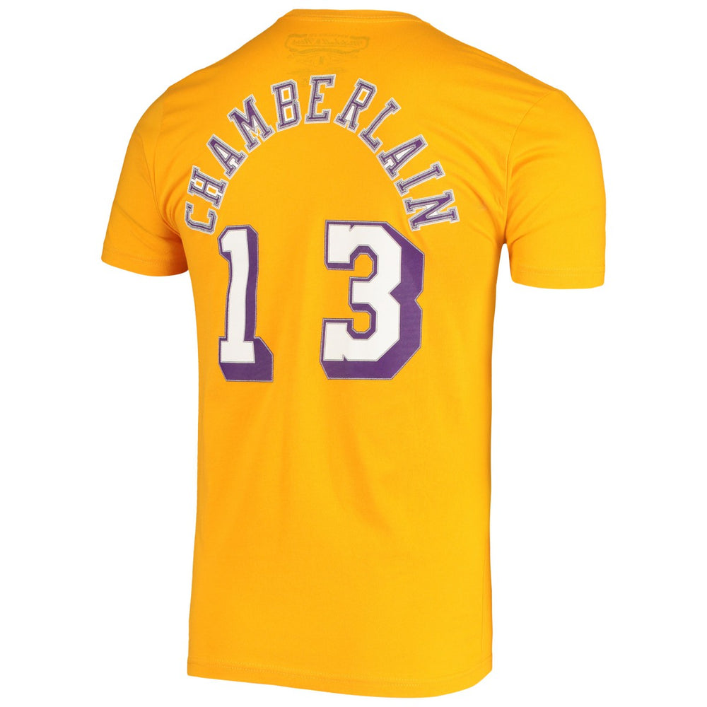 Wilt Chamberlain Los Angeles Lakers Hardwood Classics Stitch Name & Number T-Shirt Gold - Mitchell & Ness