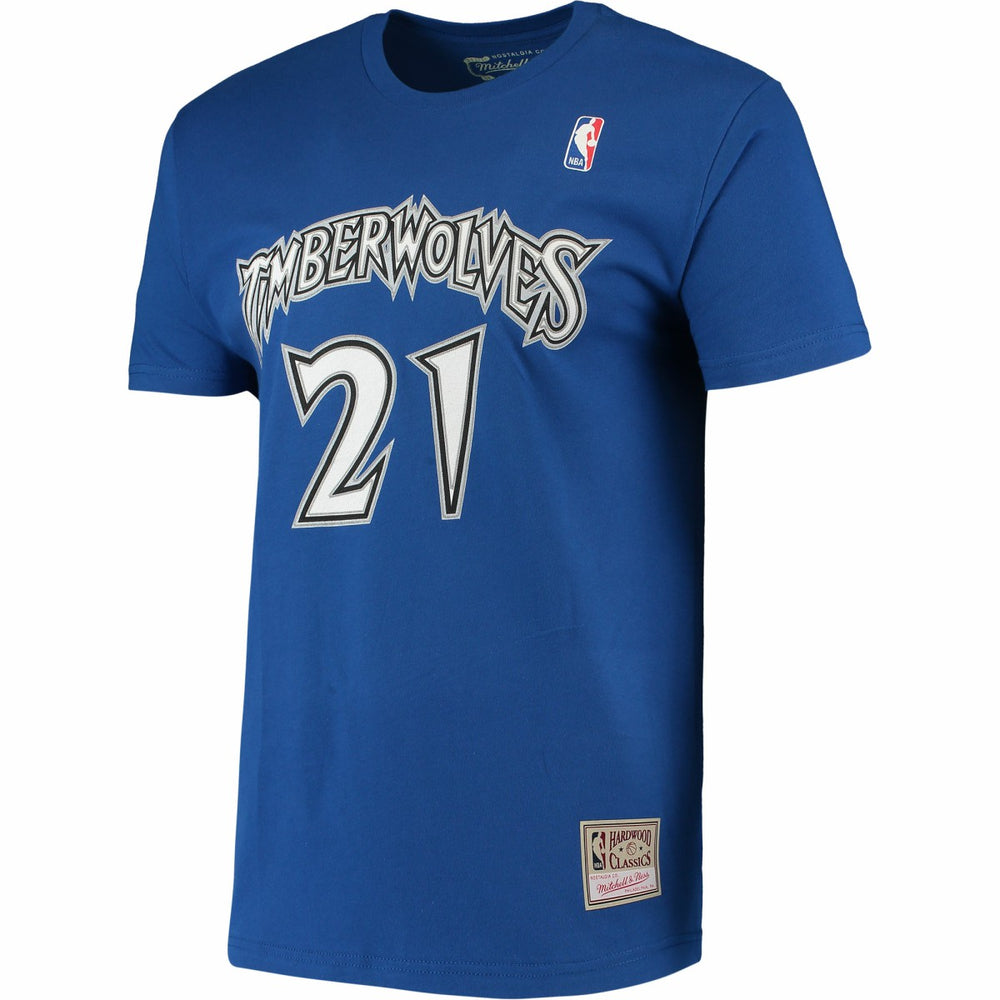 Kevin Garnett Minnesota Timberwolves Hardwood Classics Stitch Name & Number T-Shirt Blue - Mitchell & Ness