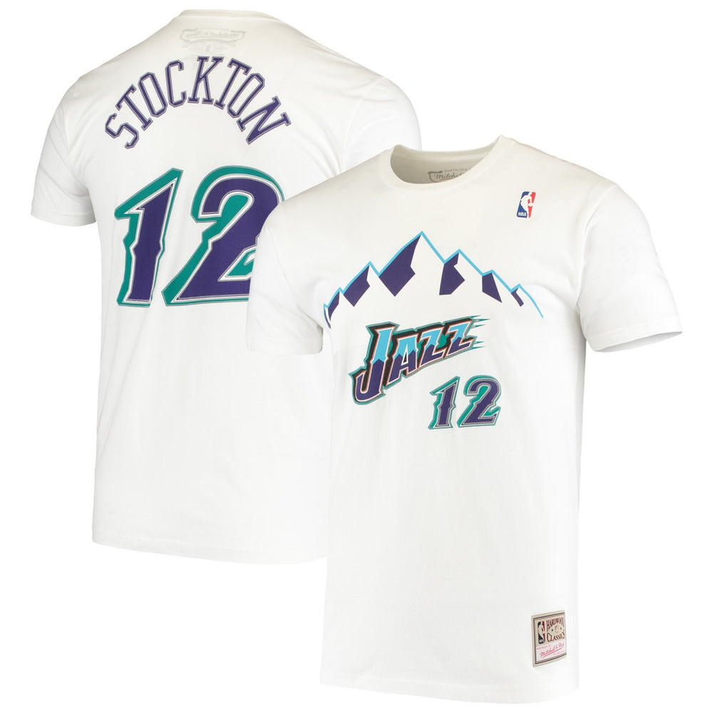 John Stockton Utah Jazz Hardwood Classics Stitch Name & Number T-Shirt White - Mitchell & Ness