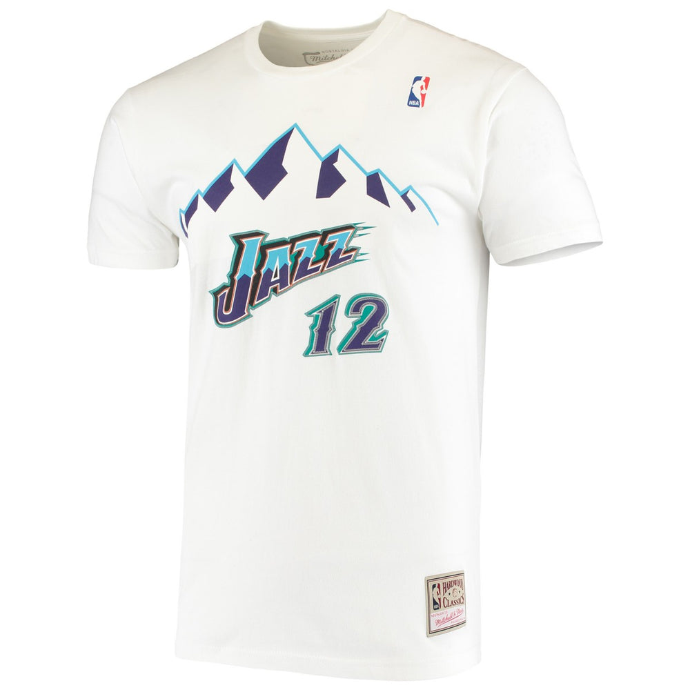 John Stockton Utah Jazz Hardwood Classics Stitch Name & Number T-Shirt White - Mitchell & Ness