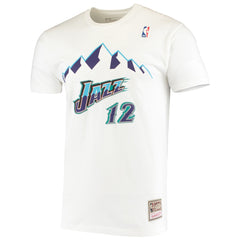 John Stockton Utah Jazz Hardwood Classics Stitch Name & Number T-Shirt White - Mitchell & Ness