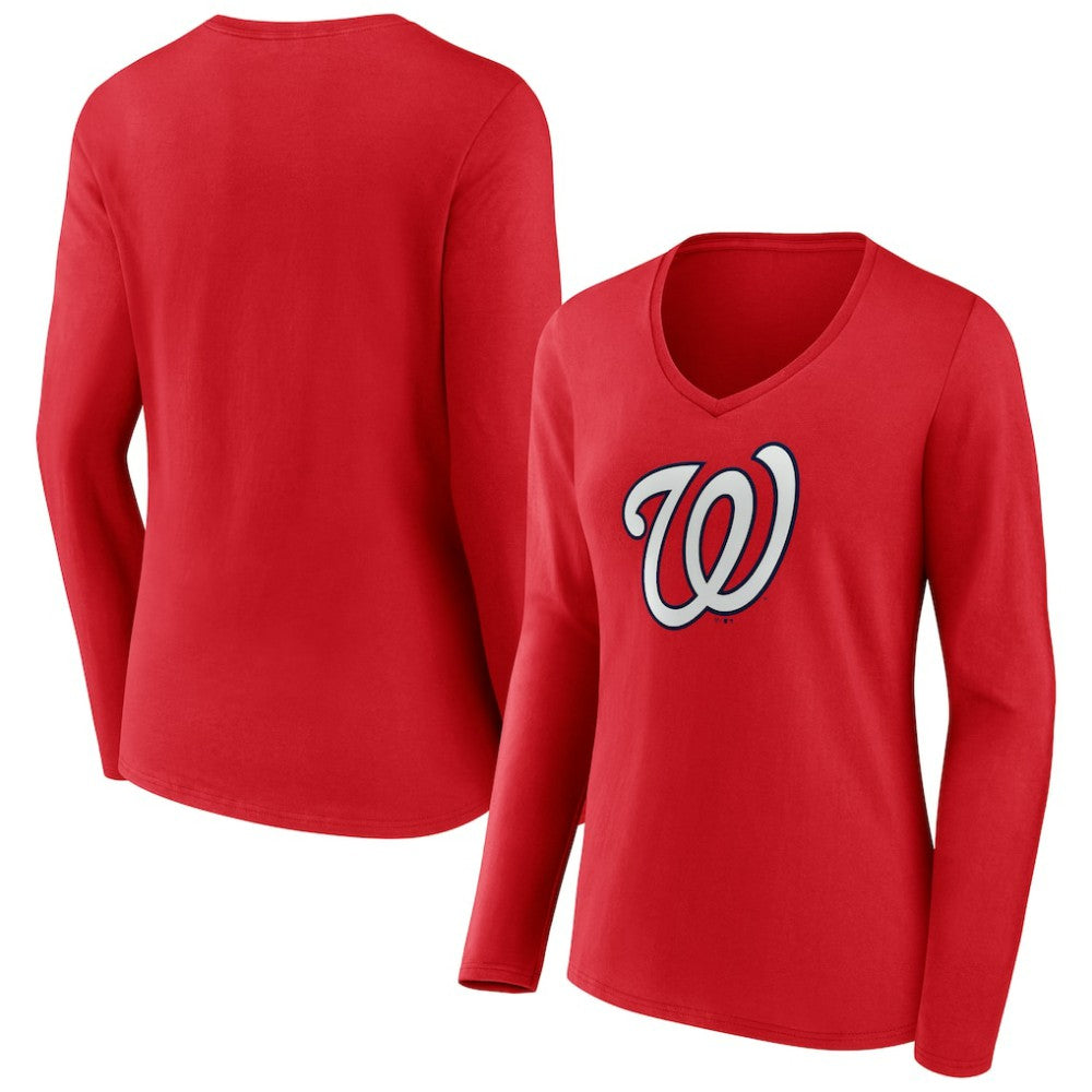 Washington Nationals Women's Official Logo Long Sleeve V-Neck T-Shirt - Red T-shirts