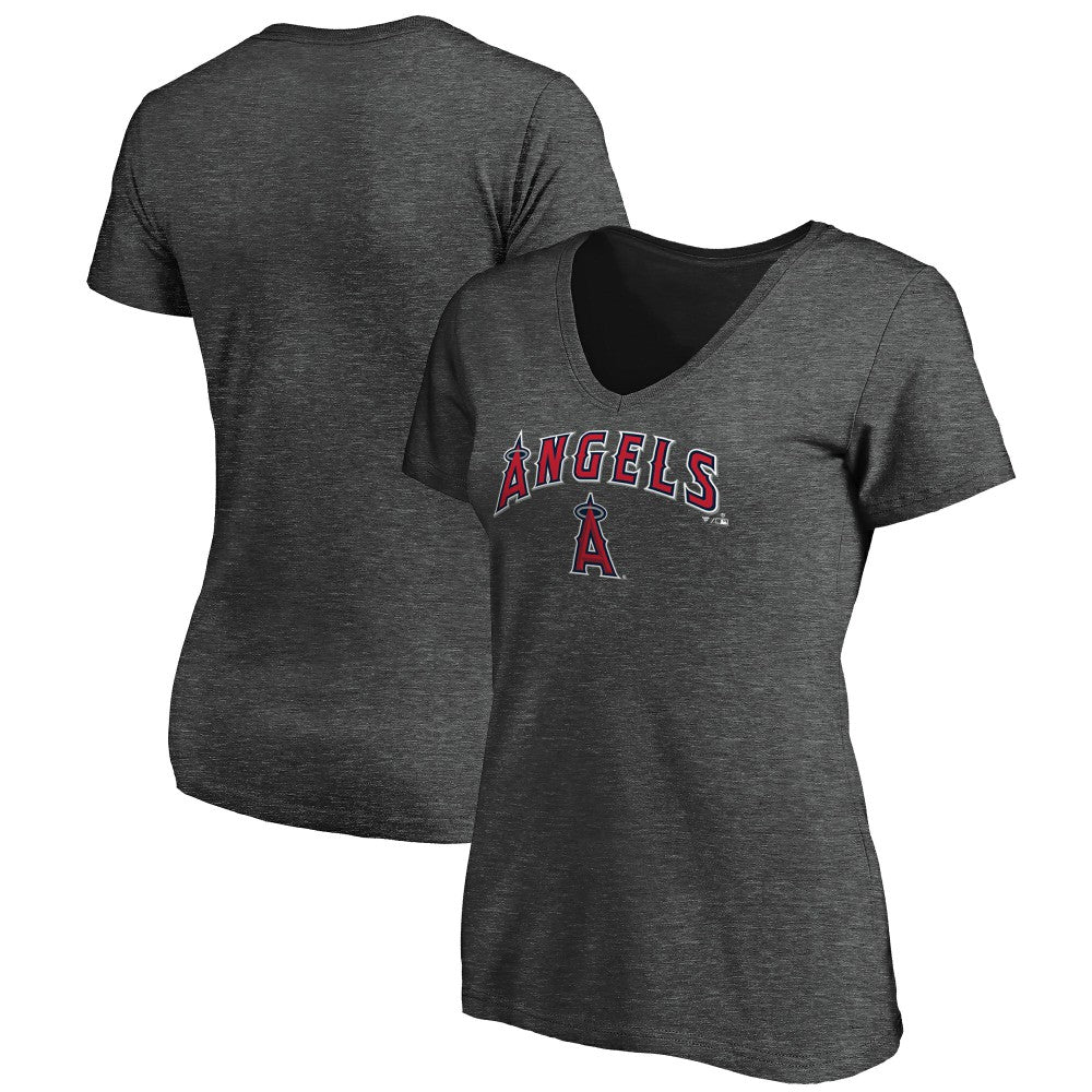 Los Angeles Angels Fanatics Women's Team Logo Lockup V-Neck T-Shirt - Heathered Charcoal T-shirts