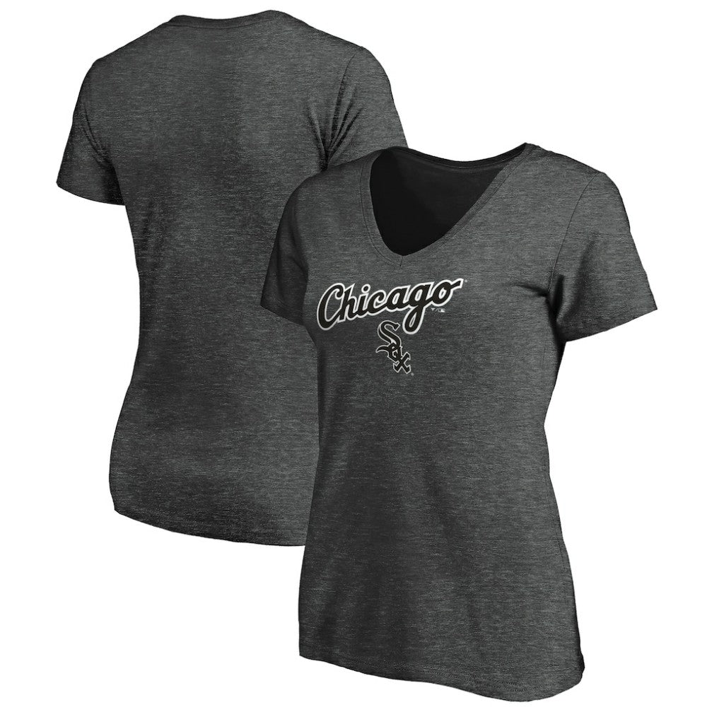 Chicago White Sox Fanatics Women's Team Logo Lockup V-Neck T-Shirt - Heathered Charcoal T-shirts