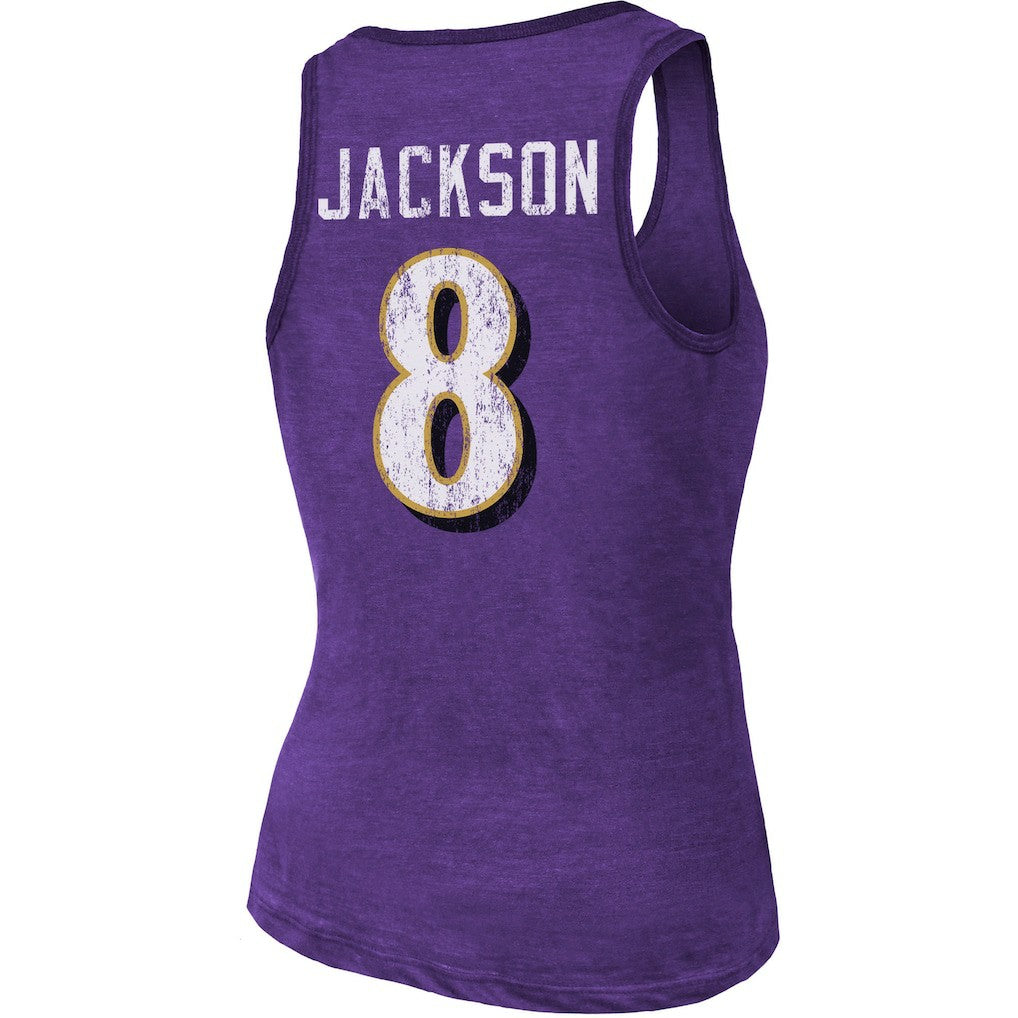 Lamar Jackson Baltimore Ravens Majestic Threads Women's Name & Number Tri-Blend Tank Top - Heathered Purple Tops