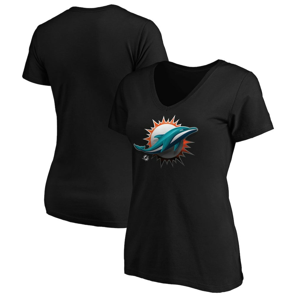 Miami Dolphins Women's Midnight Mascot Logo V-Neck T-Shirt - Black T-shirts