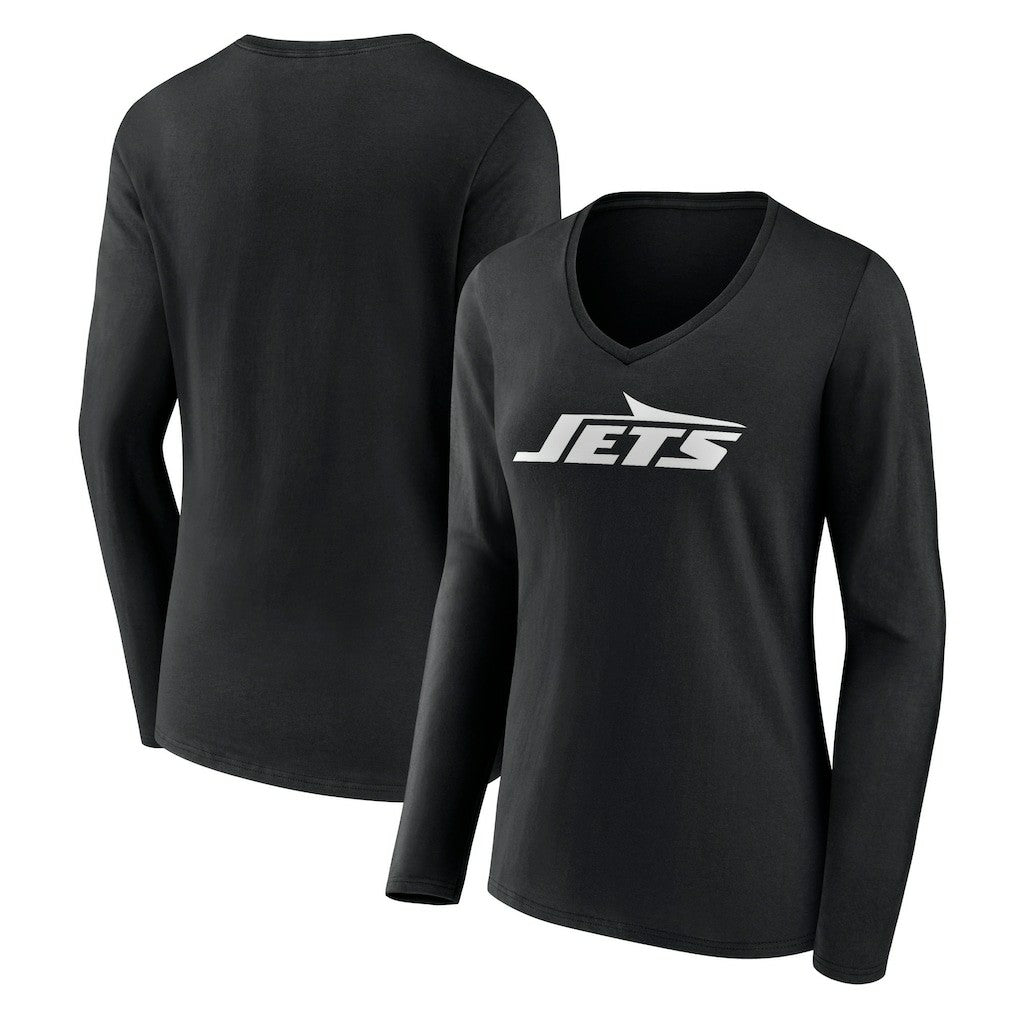 New York Jets Women's Primary Team Logo Long Sleeve V-Neck T-Shirt - Black T-shirts