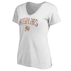 Miami Marlins Women's Floral Arched Logo V-Neck T-Shirt - White T-shirts