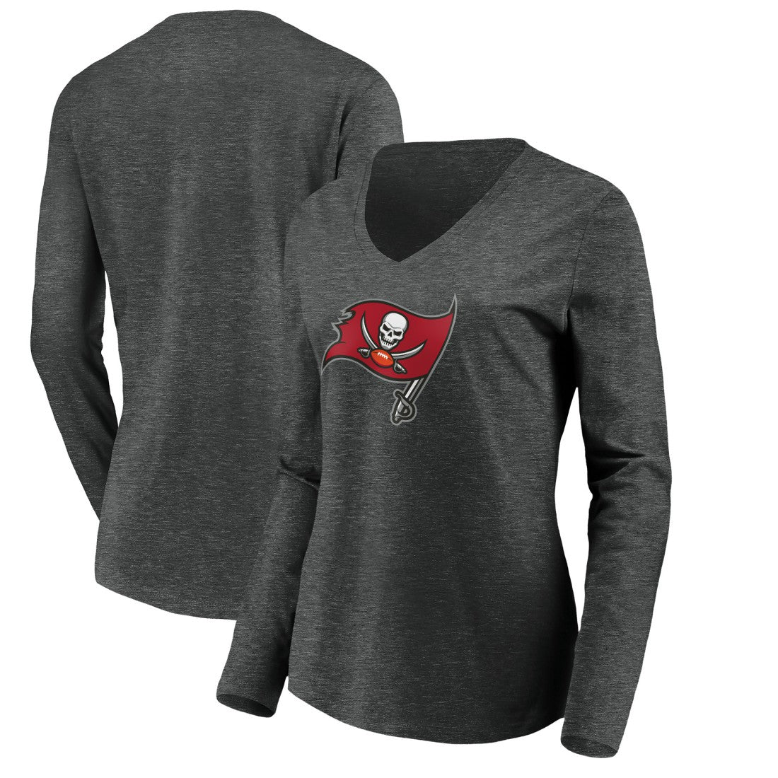 Tampa Bay Buccaneers Women's Primary Logo Long Sleeve V-Neck T-Shirt - Heather Gray T-shirts