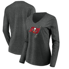 Tampa Bay Buccaneers Women's Primary Logo Long Sleeve V-Neck T-Shirt - Heather Gray T-shirts