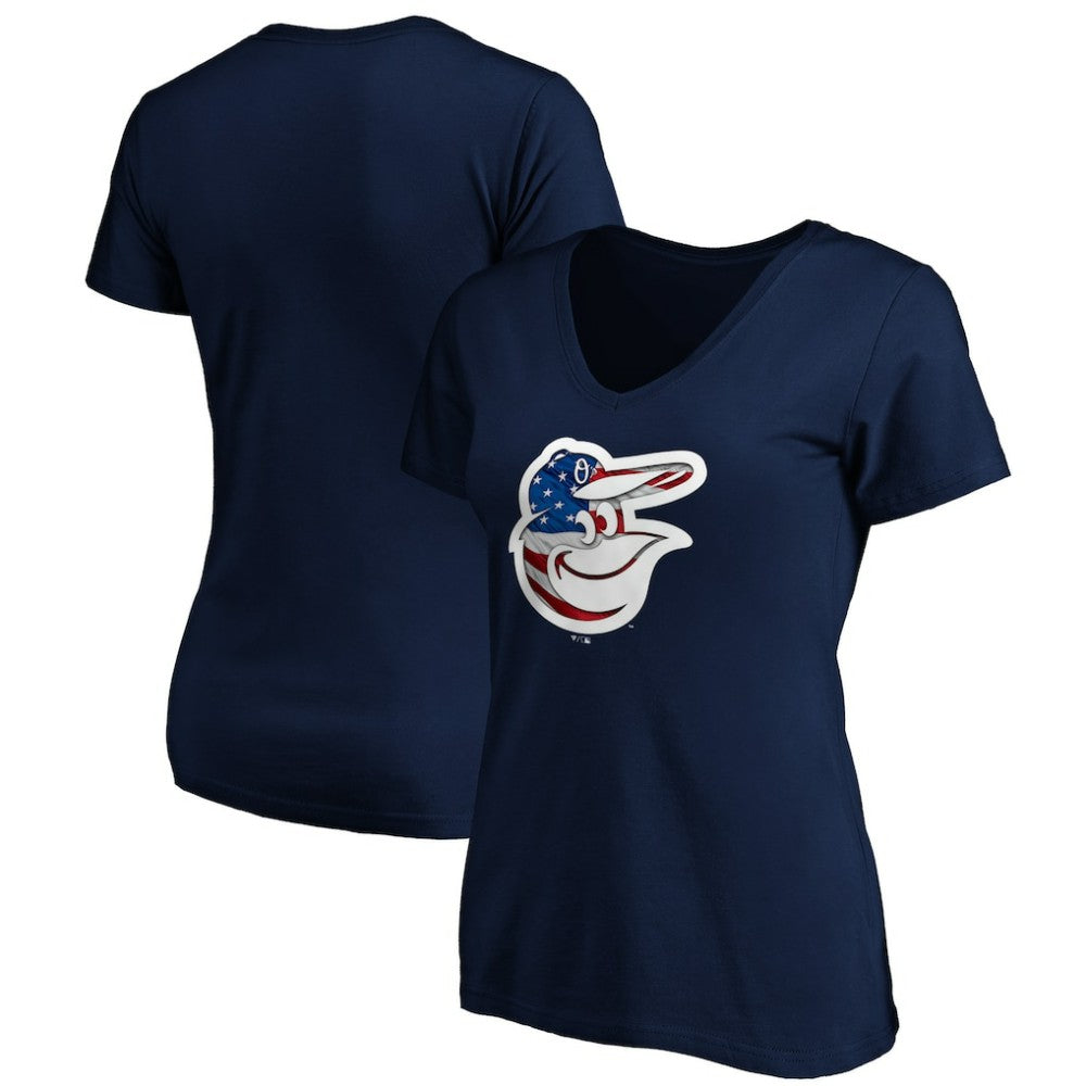 Baltimore Orioles Logo Women's Banner Wave V-Neck T-Shirt - Navy T-shirts