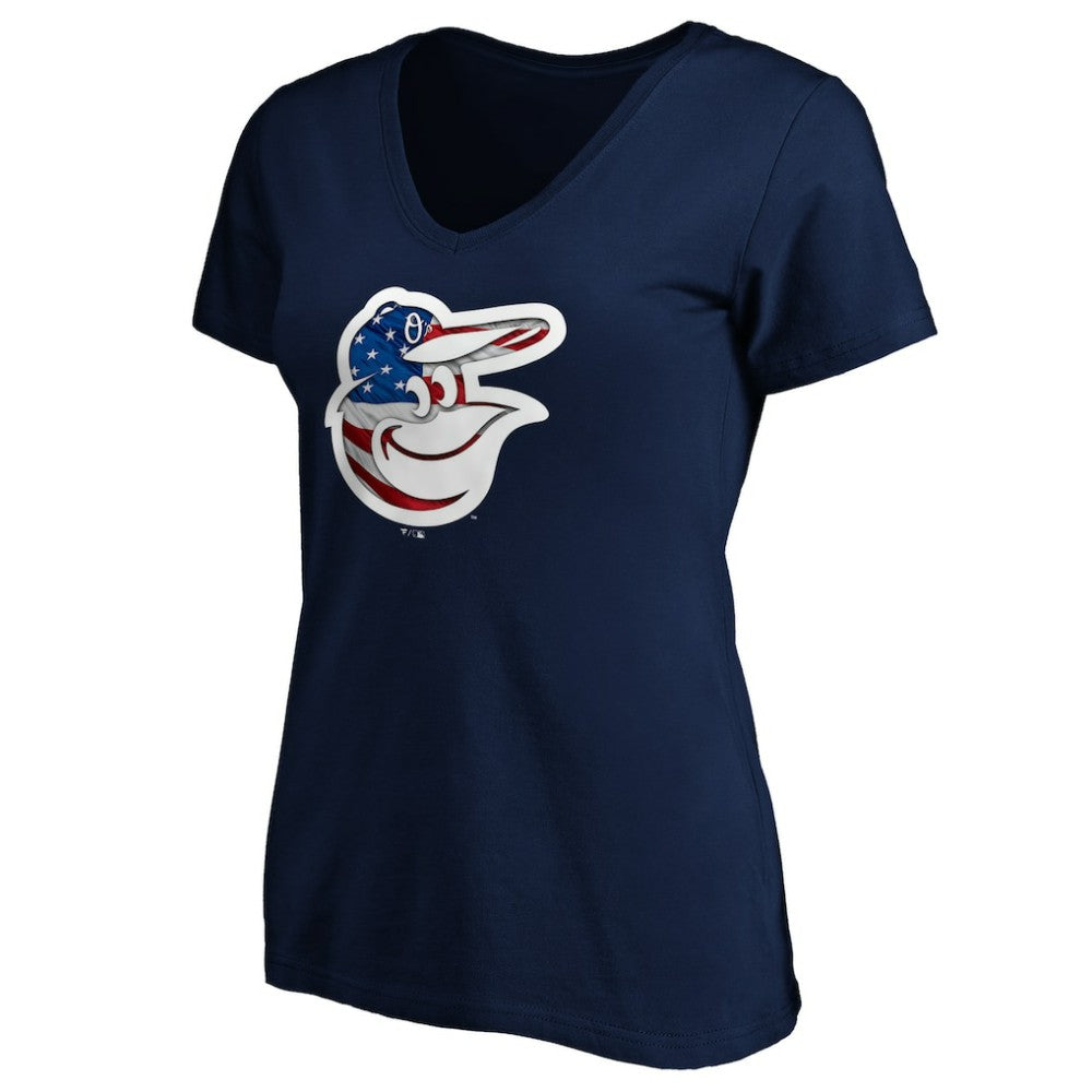 Baltimore Orioles Logo Women's Banner Wave V-Neck T-Shirt - Navy T-shirts