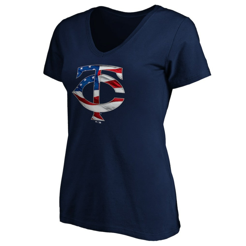 Minnesota Twins Logo Women's Banner Wave V-Neck T-Shirt - Navy T-shirts